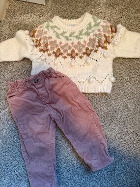 Zara Cream Fair Isle Knit Sweater with Mauve Corduroy Pants